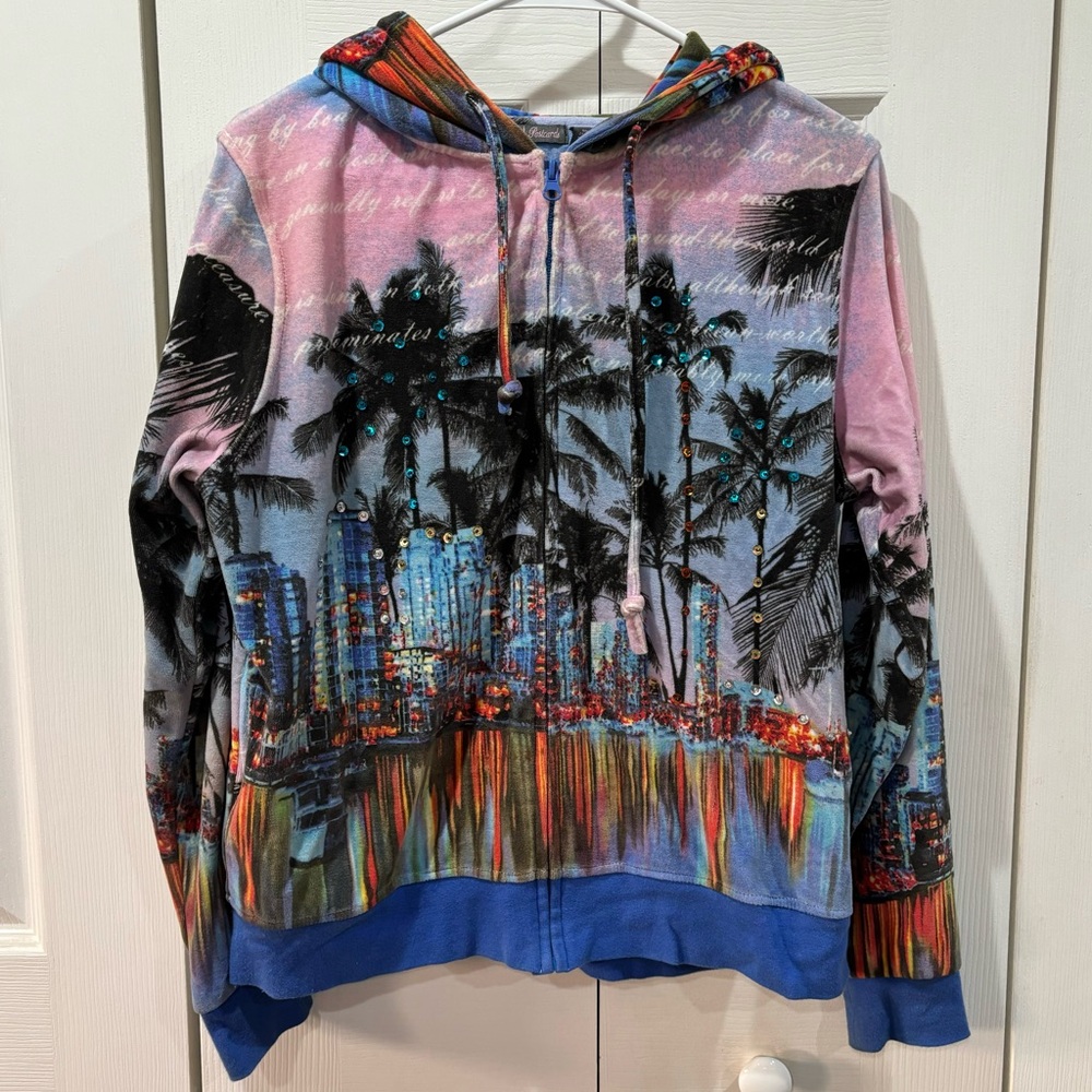 FRENCH POSTCARDS Women’s Handcrafted Miami Scene Velvet Zip Up Sweatshirt size M